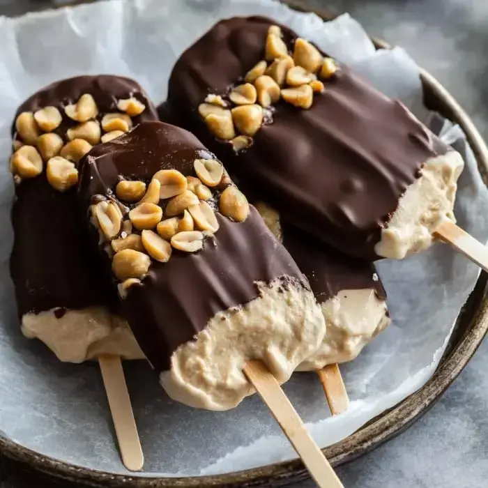 Chocolate-covered yogurt bars on a plate with peanuts on top.