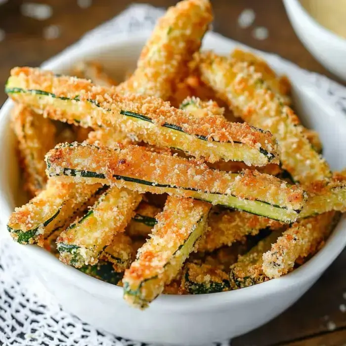 Golden, crunchy zucchini fries piled in a bowl showing off their crispy breading and color.