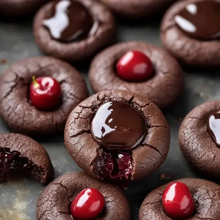 Zoomed-in look at chocolatey cookies with shiny centers and cherry toppings.
