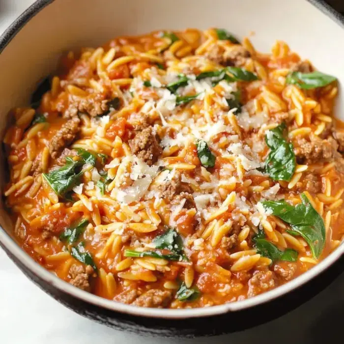 Bowls filled with creamy orzo, ground beef, spinach, and cheese, ready to eat.