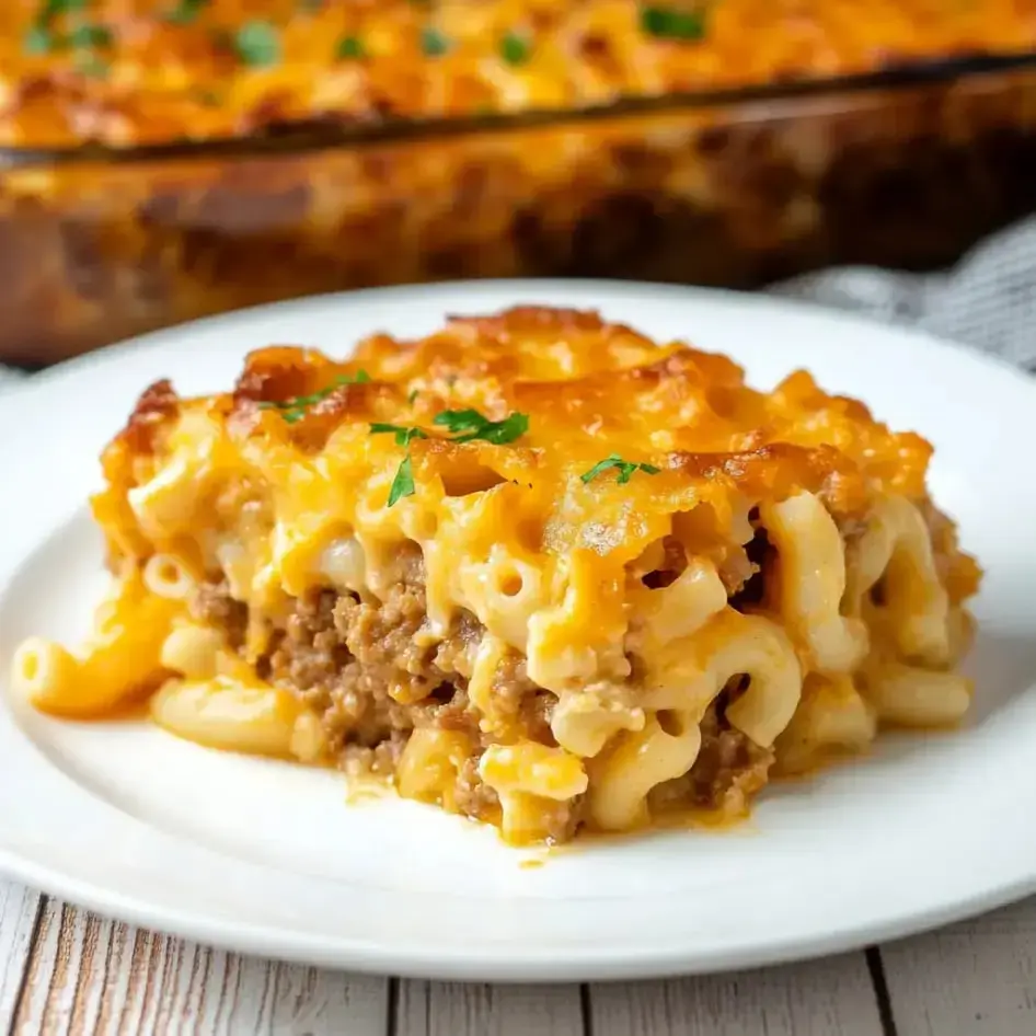 Cheesy baked mac with ground beef and parsley on a white plate.