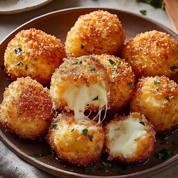 Crispy golden cheese bites piled on a dish, cheese dripping from some, and sprinkled with bright fresh herbs.