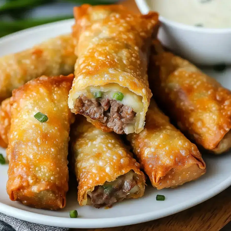 Crisp egg rolls stuffed with beef and green onions sit on a plate with a dipping sauce.