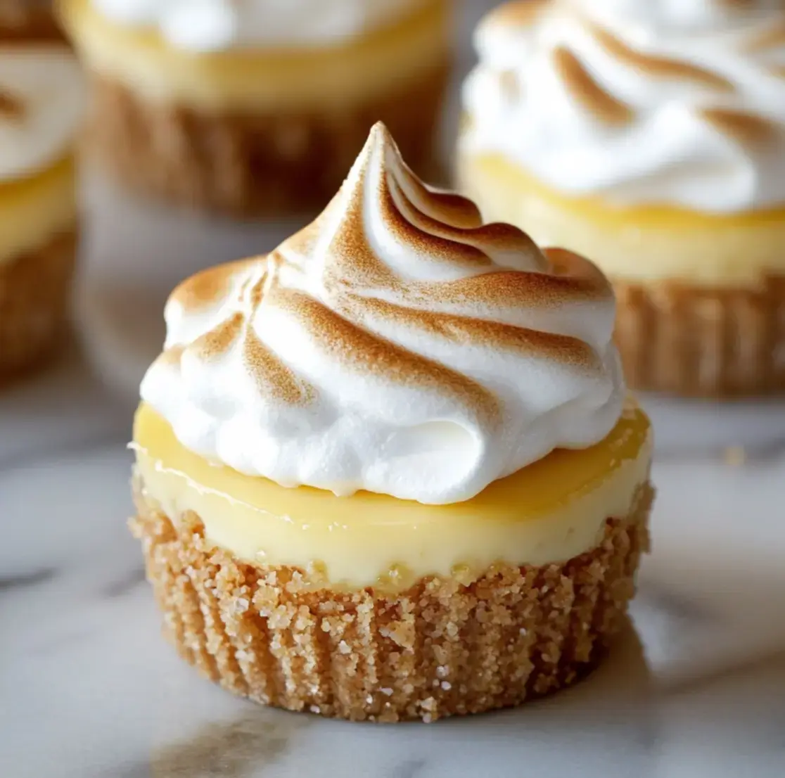 Close shot of a lemon cheesecake with toasted meringue and a crunchy graham base.