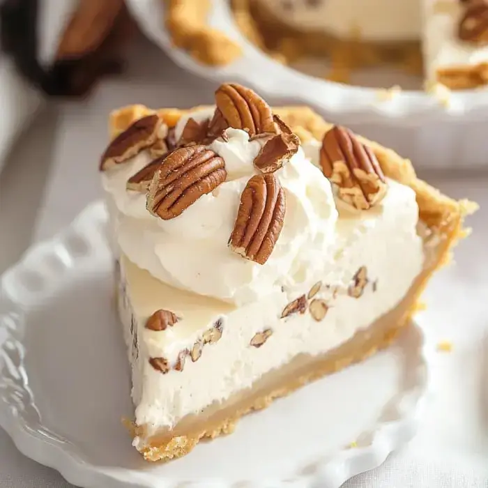A slice of pecan pie with whipped cream and pecans sitting on a pretty plate.