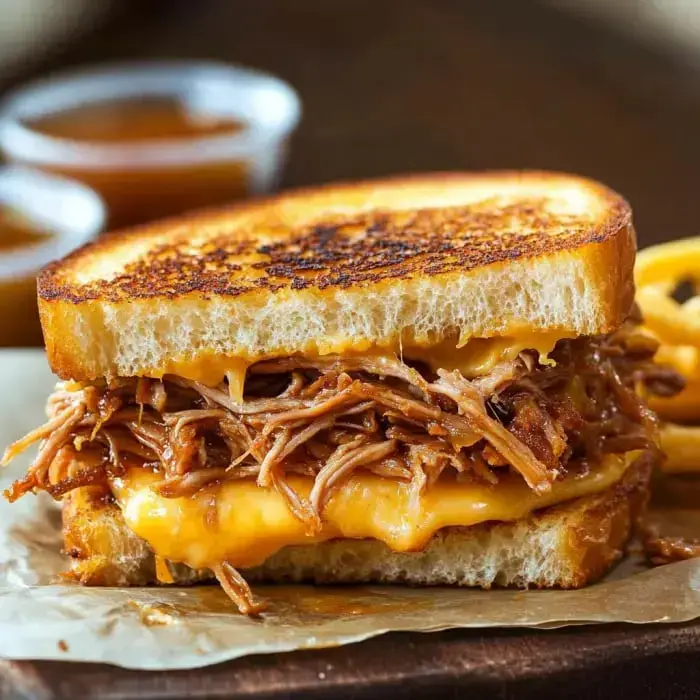 Toasted sandwich stuffed with juicy pulled pork and melted cheese, with sauces on the side.
