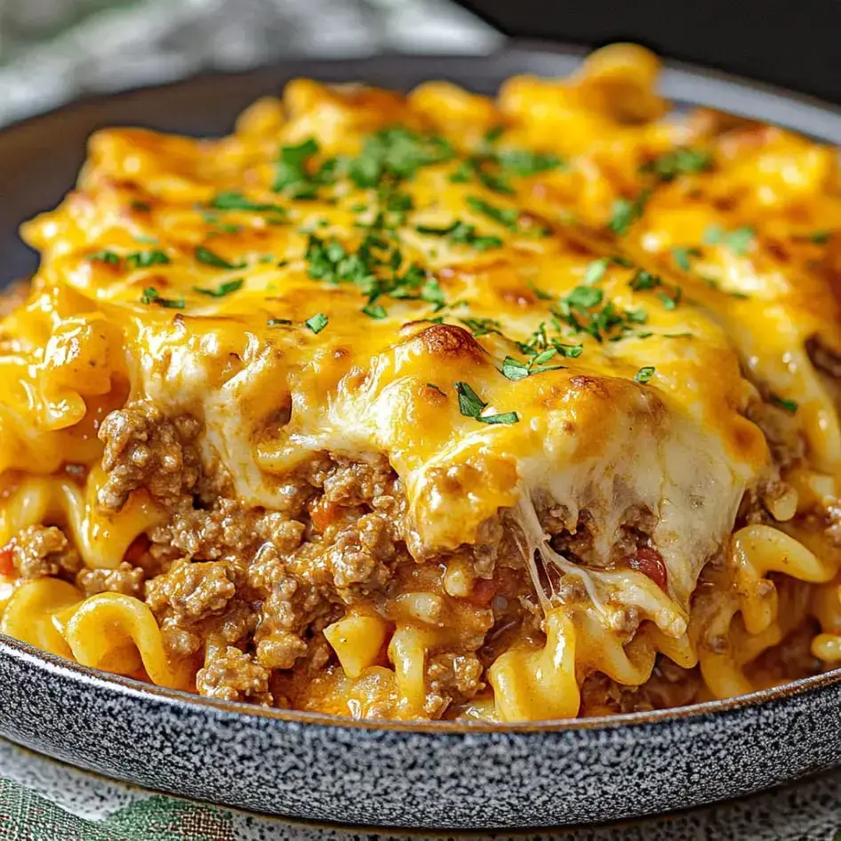Melted cheese atop a baked noodle and beef dish sprinkled with fresh parsley.