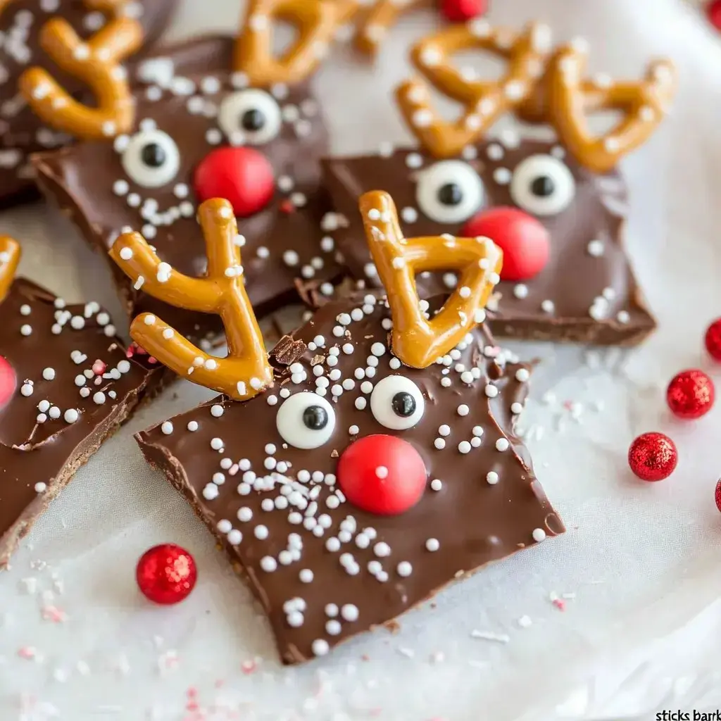 Several festive chocolate pieces decorated as reindeer with pretzel antlers, candy eyes, red candy noses, and scattered with white and bright sprinkles on top.