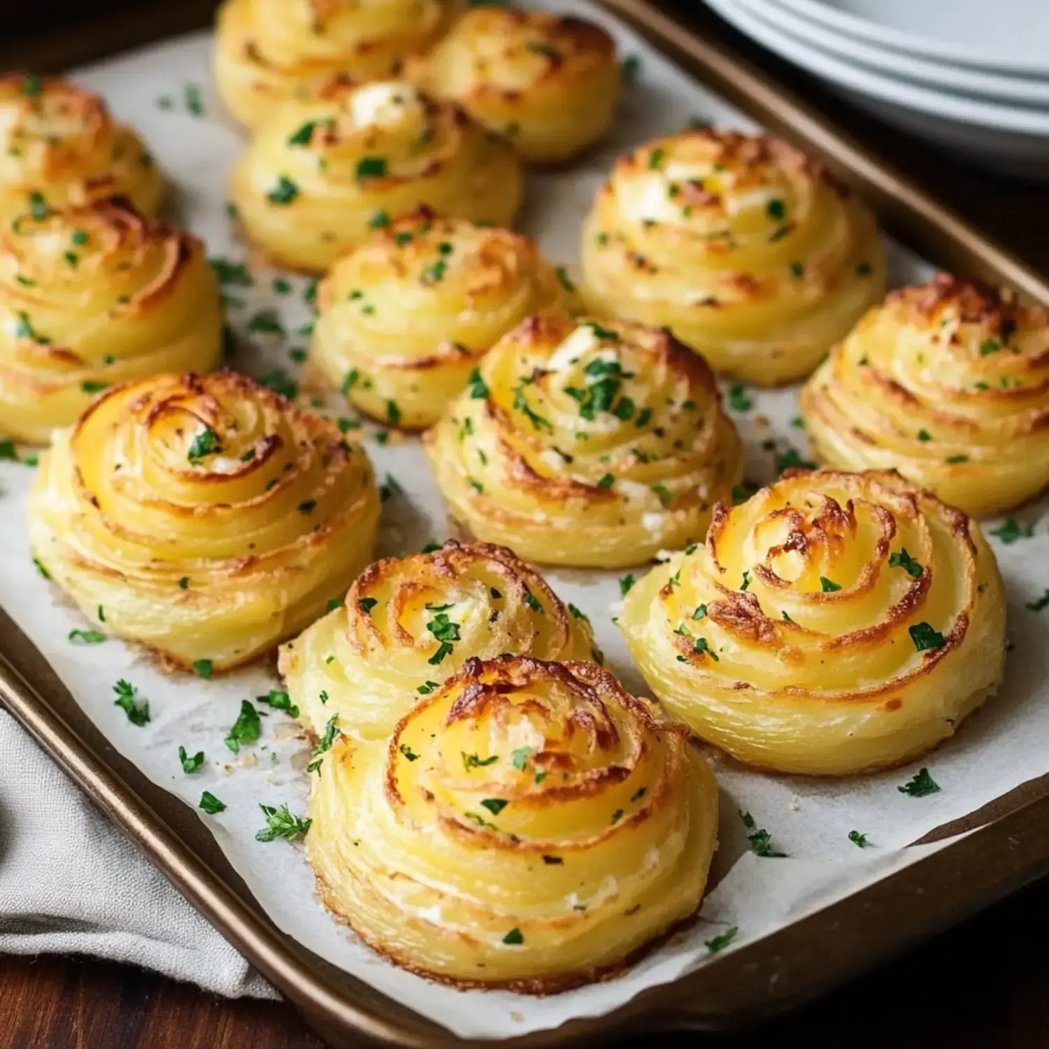 Golden potato swirls freshly baked with parsley garnish showing their beautiful spiral patterns on a serving tray.