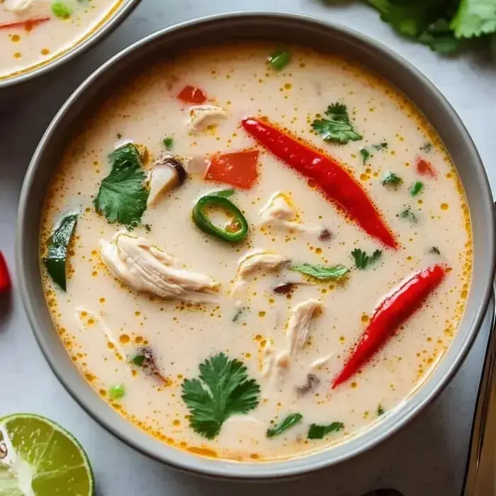 A steaming bowl of rich soup with tender chicken pieces, bright veggies, topped with herbs and spicy red peppers.