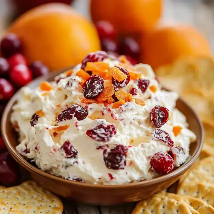 A creamy mixture topped with bright red cranberries and orange flecks in a serving dish, with various crackers and fresh citrus arranged around it.