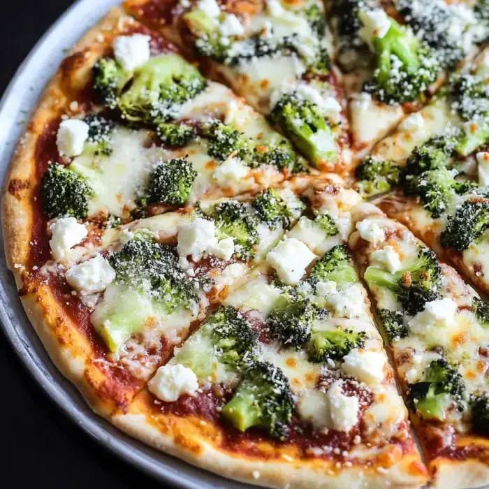 Here’s a close shot of golden pizza crust loaded with broccoli and creamy white cheese.