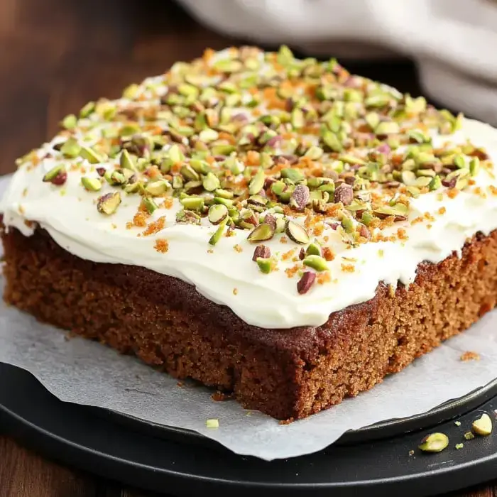 A rectangular cake with rich cream topping and scattered pistachio bits and crumbles on top.