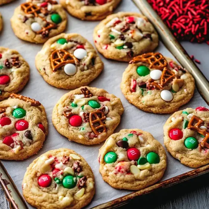 A plate of hot cookies topped with colorful candy, crunchy pretzels, and bright holiday sprinkles.