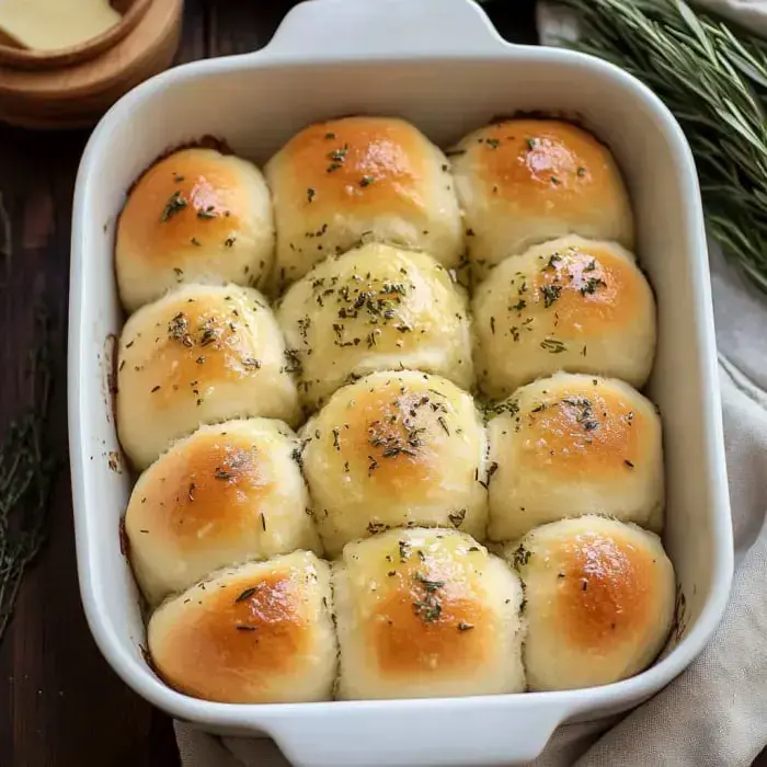 A batch of golden-brown dinner rolls dotted with herbs, arranged in a white baking dish straight from the oven.