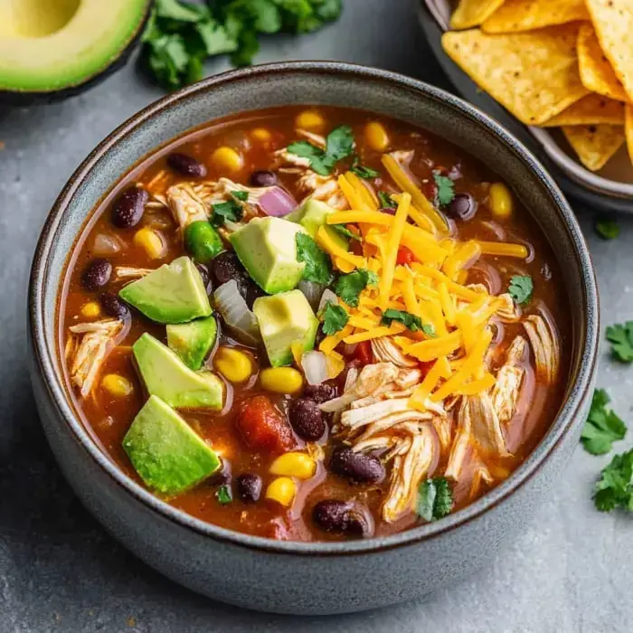 A steaming bowl of hearty chicken soup bursting with black beans, sweet corn, chopped tomatoes, creamy avocado, melty cheese, and fresh cilantro, with crunchy tortilla chips on the side.
