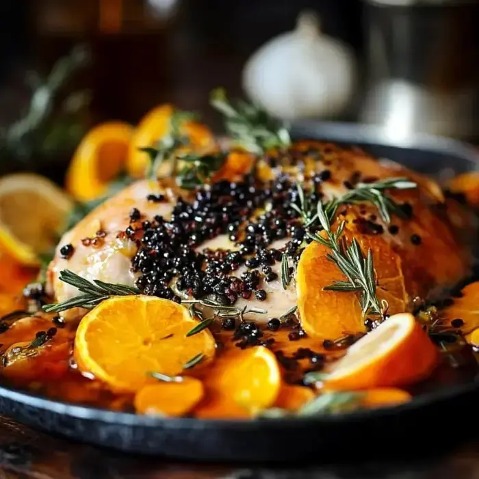A tasty plate of roasted chicken topped with black seeds, green herbs, and citrus slices of orange and lemon.