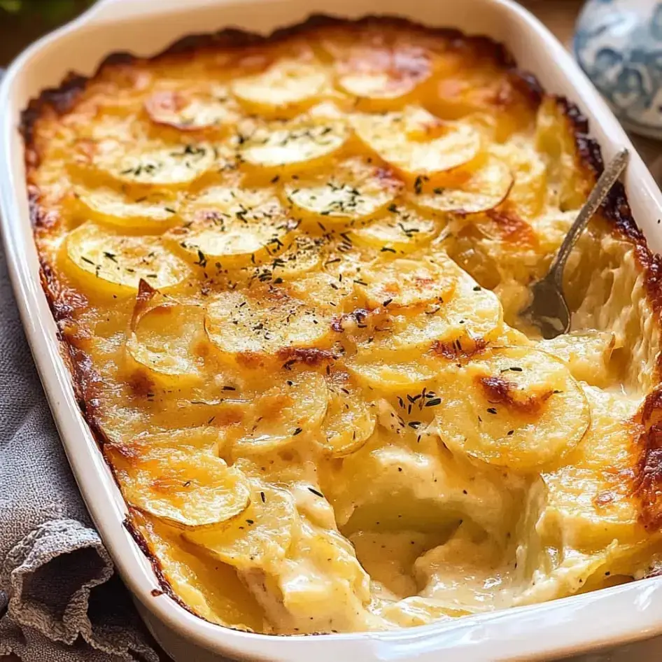 A bubbling dish of layered potatoes with a golden top crust and herb garnish.