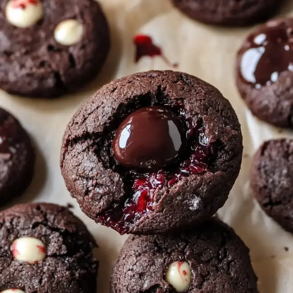 Close-up shot of chocolate cookies with glossy ganache and a jammy center.