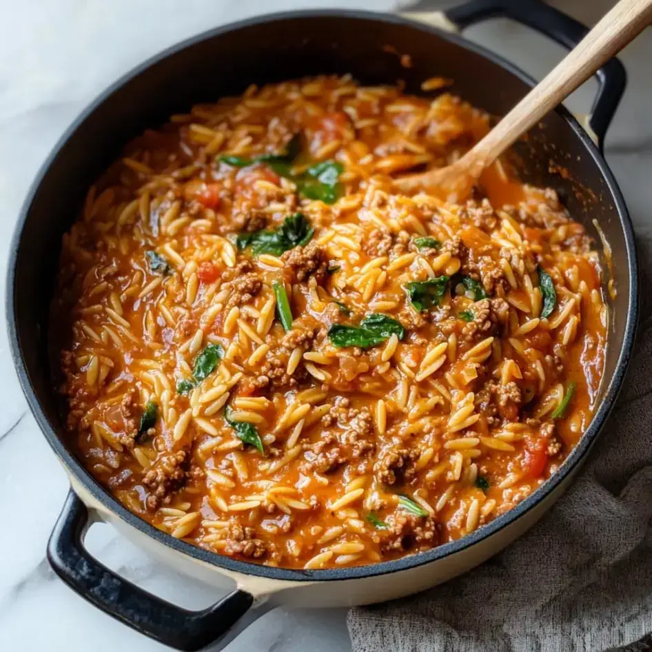 A creamy orzo pasta dish with juicy ground beef, bright spinach, and chunky tomato bits in a pot.