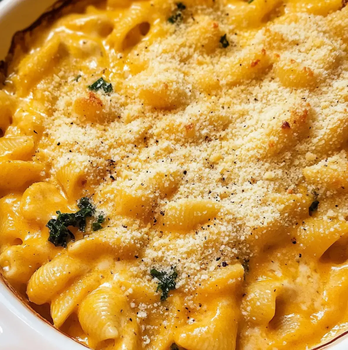 A zoomed-in view of gooey macaroni and cheese with a golden breadcrumb topping and fresh herb garnish.