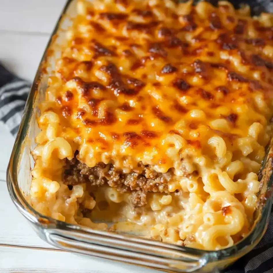 Glass pan packed with gooey mac and cheese on a beefy layer.