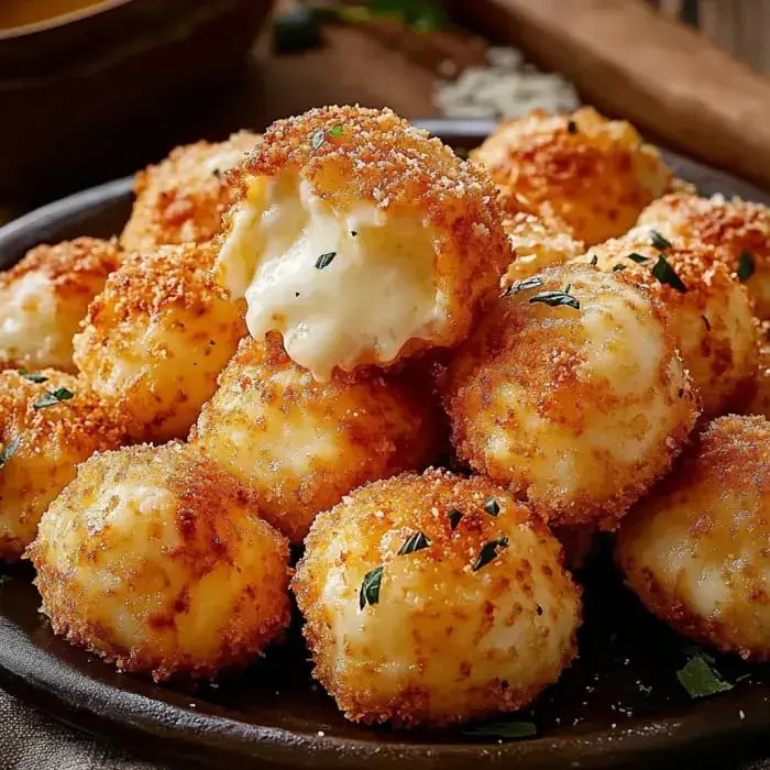 A plate with crispy, golden cheese balls. One’s bitten open to show the gooey cheese inside.