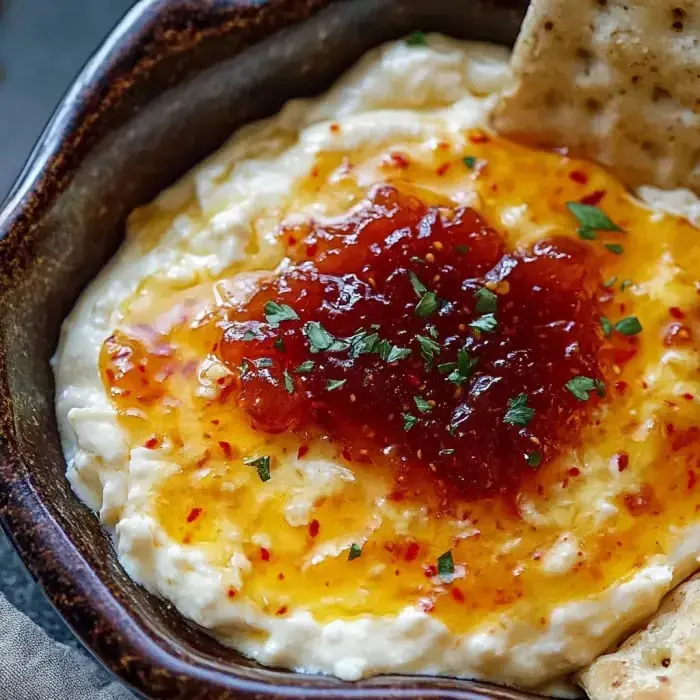 A creamy bowl loaded with cheesy grits and fruity jelly, herby garnish, and crackers on the side.