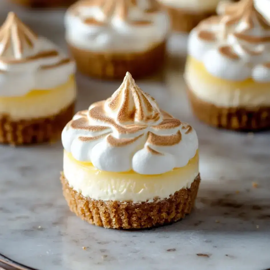 You can see a mini lemon meringue tart up close with graham crust and toasted meringue curls on top.