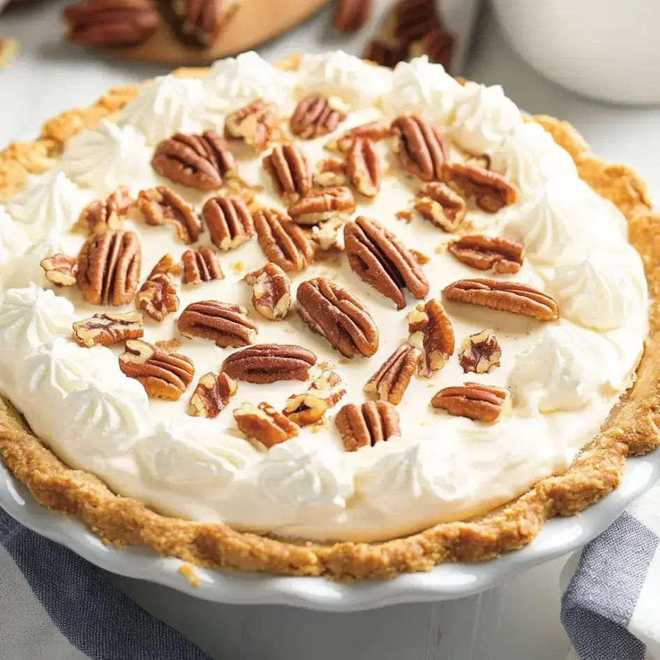 A mouthwatering pecan dessert topped with fluffy whipped cream and whole pecans on a white plate.