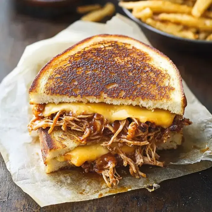 A cheesy pulled pork sandwich stacked on brioche, resting on baking paper.