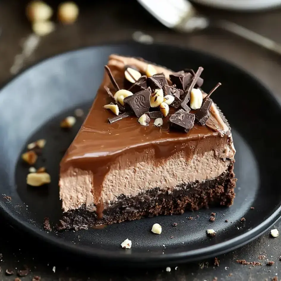 A wedge of chocolate dessert with silky filling, Oreo-style crust, topped with chocolate curls and chopped hazelnuts, all on a dark dish.