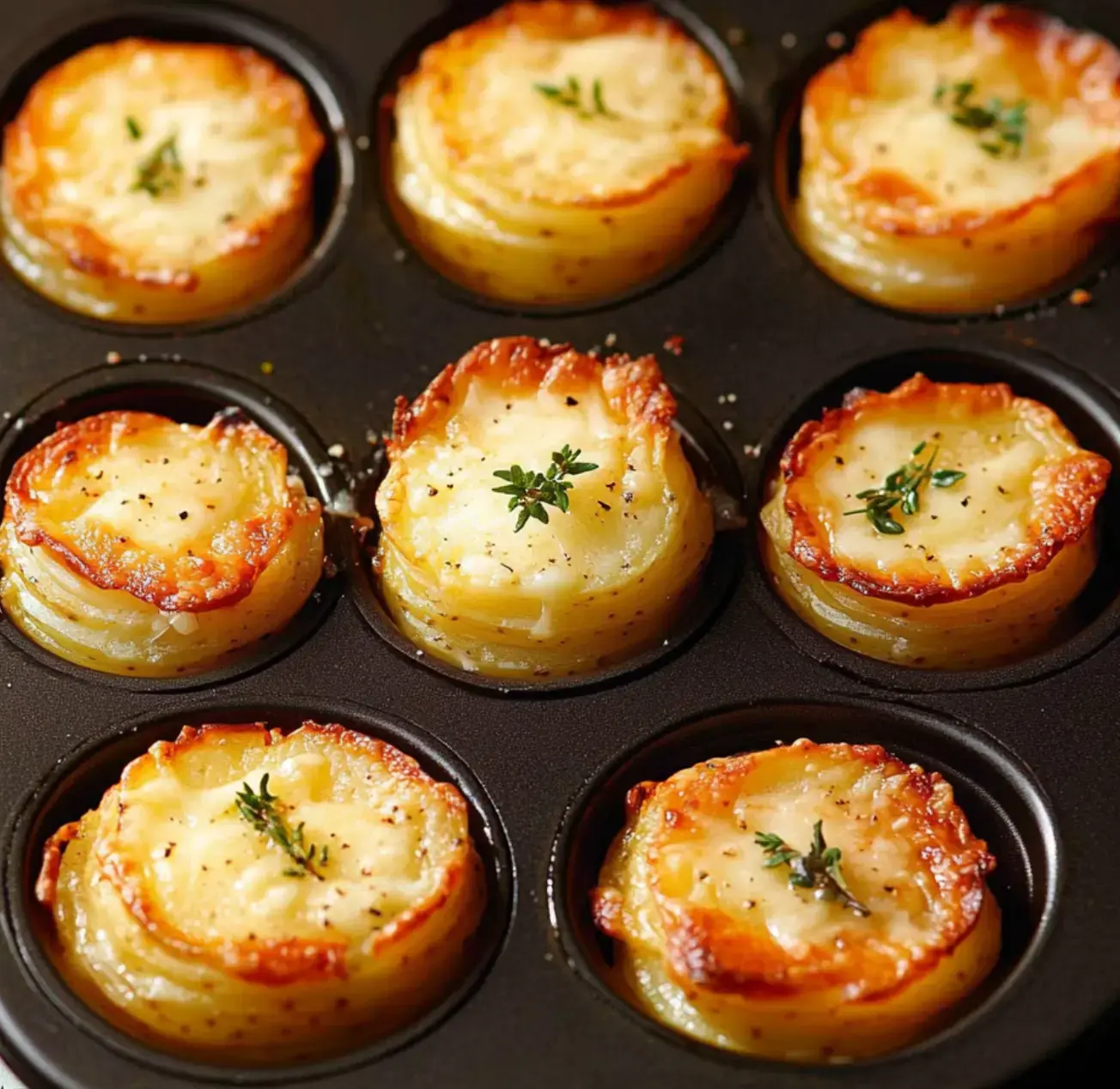 Muffin tin showing golden mini potato stacks with gooey cheese and sprigs of fresh thyme.
