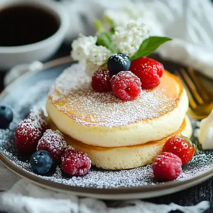 Tower of pancakes stacked up, loaded with fresh berries, a dusting of powdered sugar, and a little green sprig on top, with a coffee cup hanging out in the back.