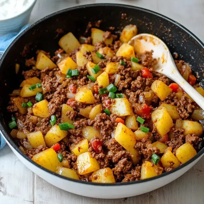 A pan containing flavorful ground beef mixed with diced potatoes, topped with fresh green onions.
