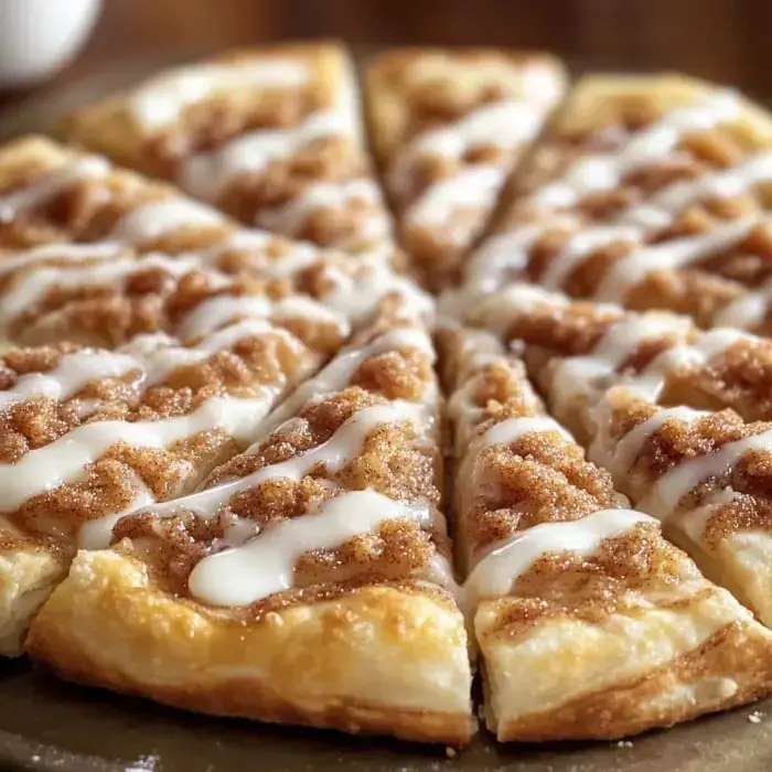 A warm dessert pizza sliced up and topped with cinnamon, finished with icing on top.