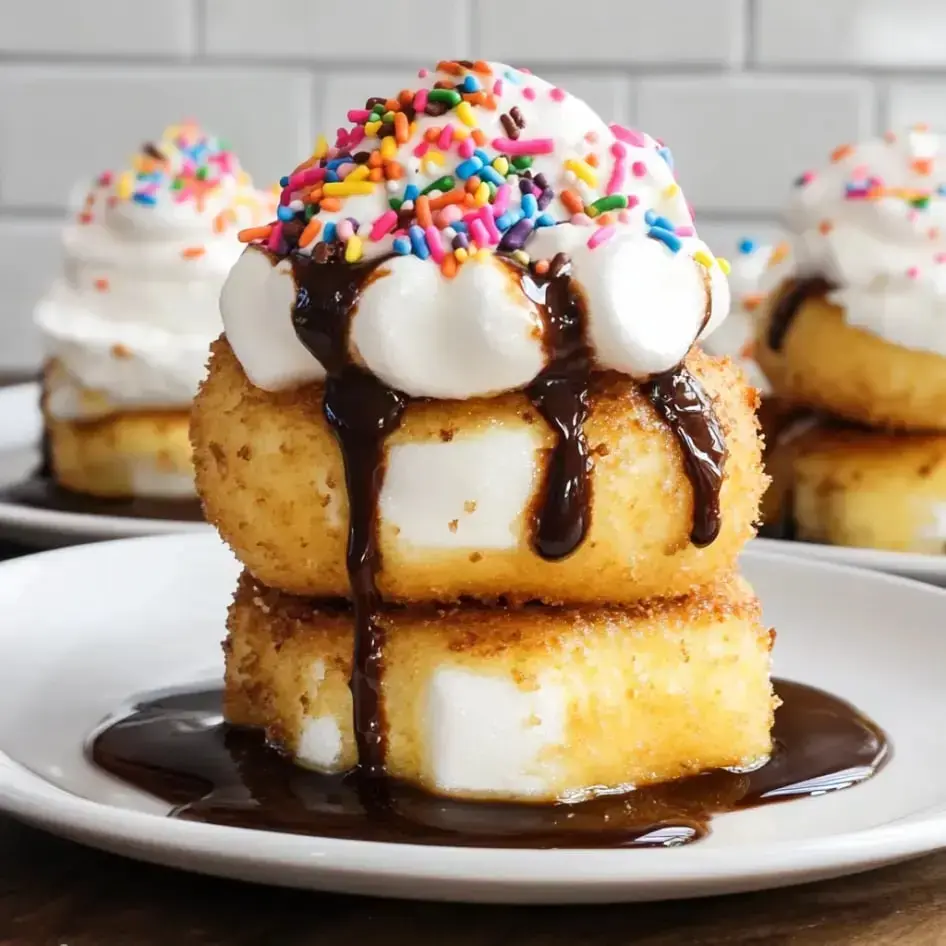 Two crispy cakes stacked high, finished with whipped cream, chocolate drizzle and rainbow sprinkles, all on a white plate.