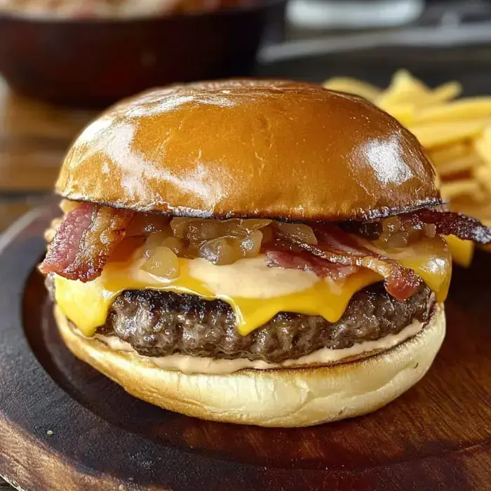 Melted cheese oozes over a juicy bacon burger stacked with golden onions on a soft bun, with fries on the side.