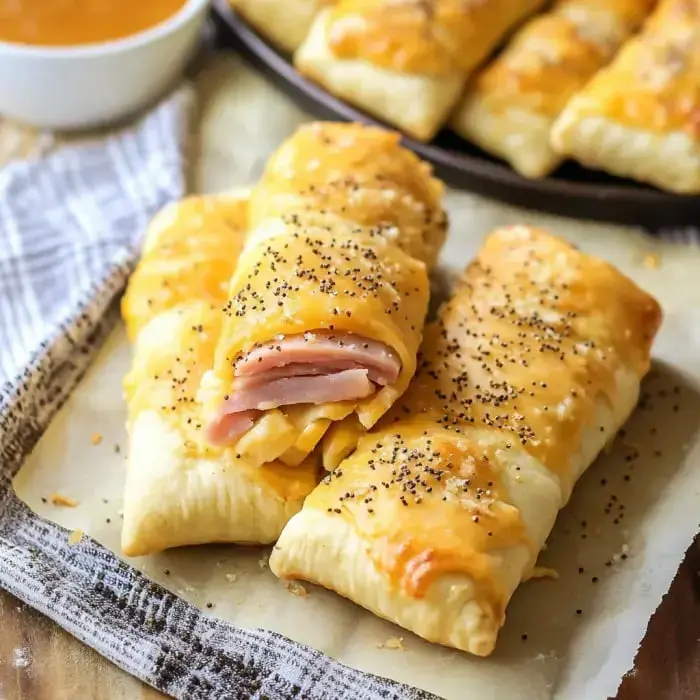 Golden ham and cheese rolls fresh out of the oven with melty cheese and poppy seeds on top, next to a bowl of sauce.