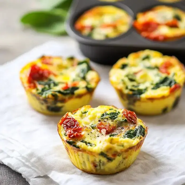 Three mini egg muffins with spinach and sun dried tomatoes sit on a white towel. Muffin tin peeks out in the back.