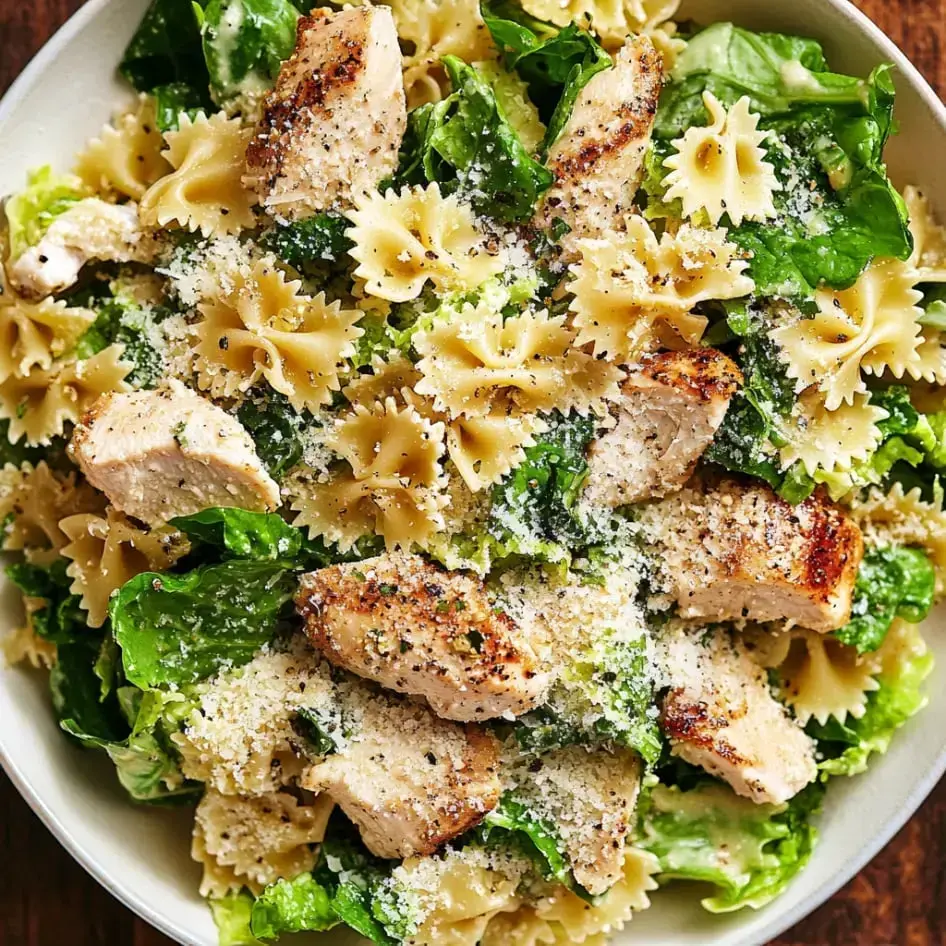 A bowl piled with bow tie pasta, grilled chicken pieces, chopped lettuce, and a dusting of Parmesan cheese.