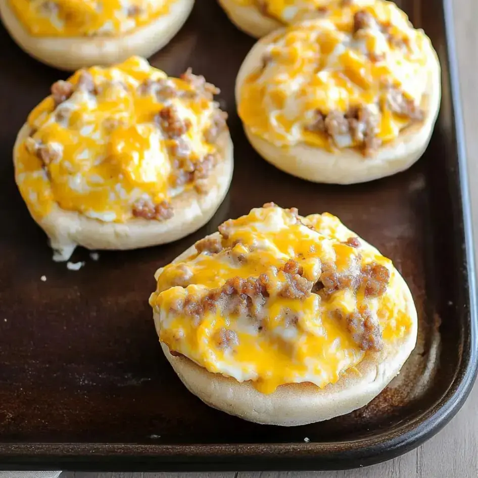 Toasted English muffins loaded with melty cheese and sausage crumbles, sitting on a baking sheet.
