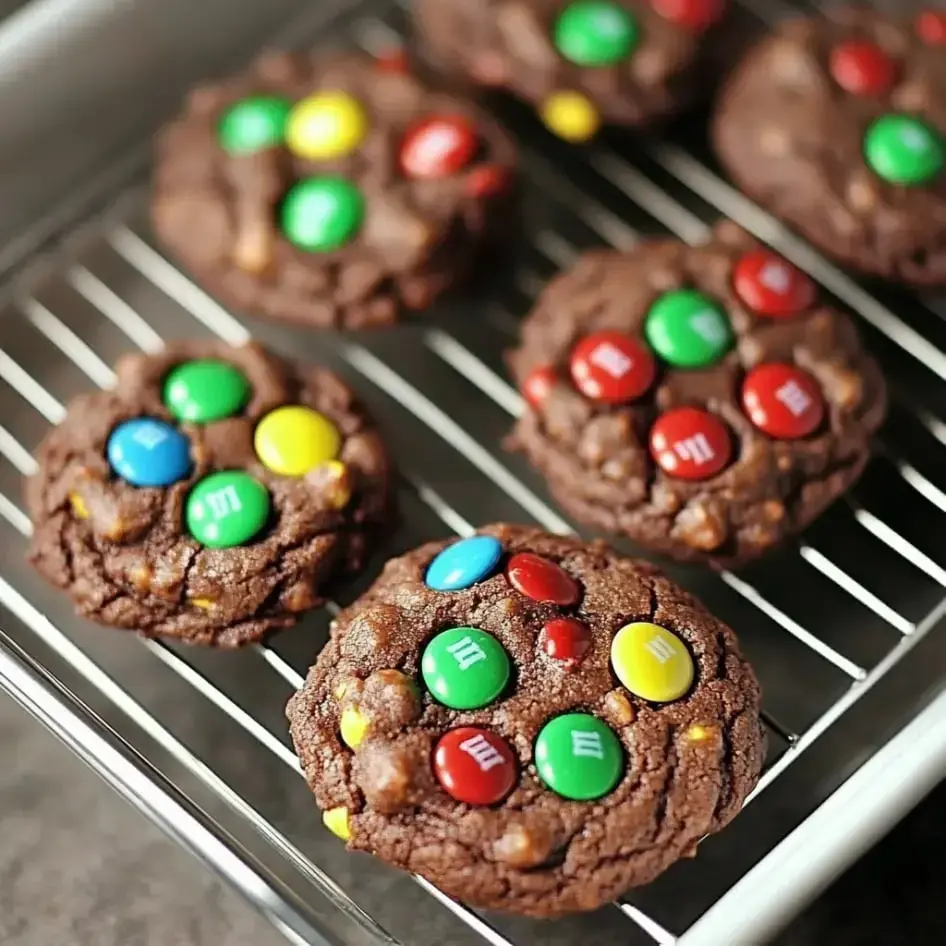 A pan of just-baked chocolate cookies with M&M candies on top, looking gooey and delicious.
