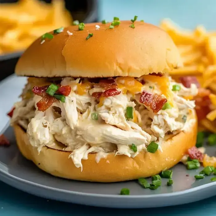 A loaded bun with shredded chicken, cheddar, bacon bits, and green onions. Fries sit on the side, ready to snack on.