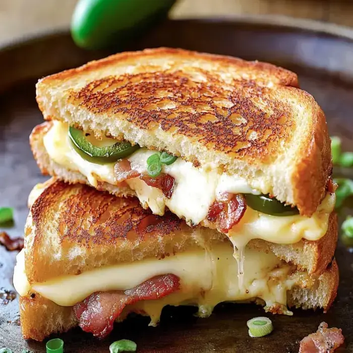 Thick grilled cheese oozing with bacon and jalapeños between perfectly toasted bread.