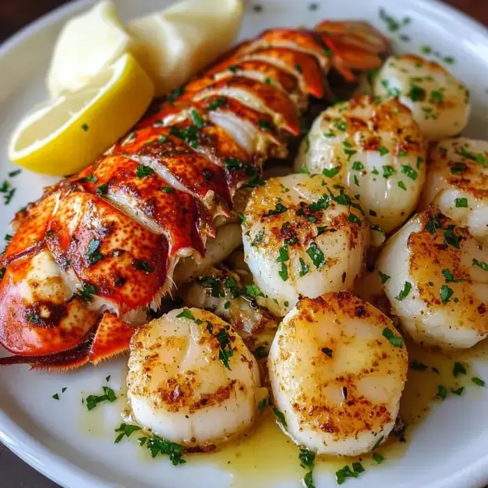 Golden lobster tail and crisped scallops finished with chopped parsley and fresh lemon, all ready to enjoy.