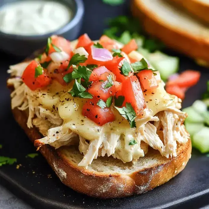 Golden toast loaded with shredded chicken, oozy cheese, juicy tomato slices, cilantro, and a bowl of dipping sauce on the side.