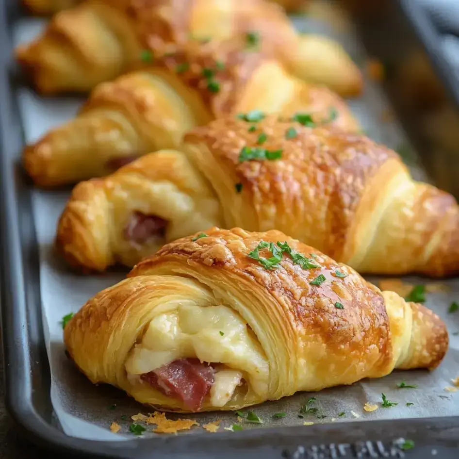 A tray packed with golden crescent rolls stuffed with cheese and ham finished with a bit of parsley.
