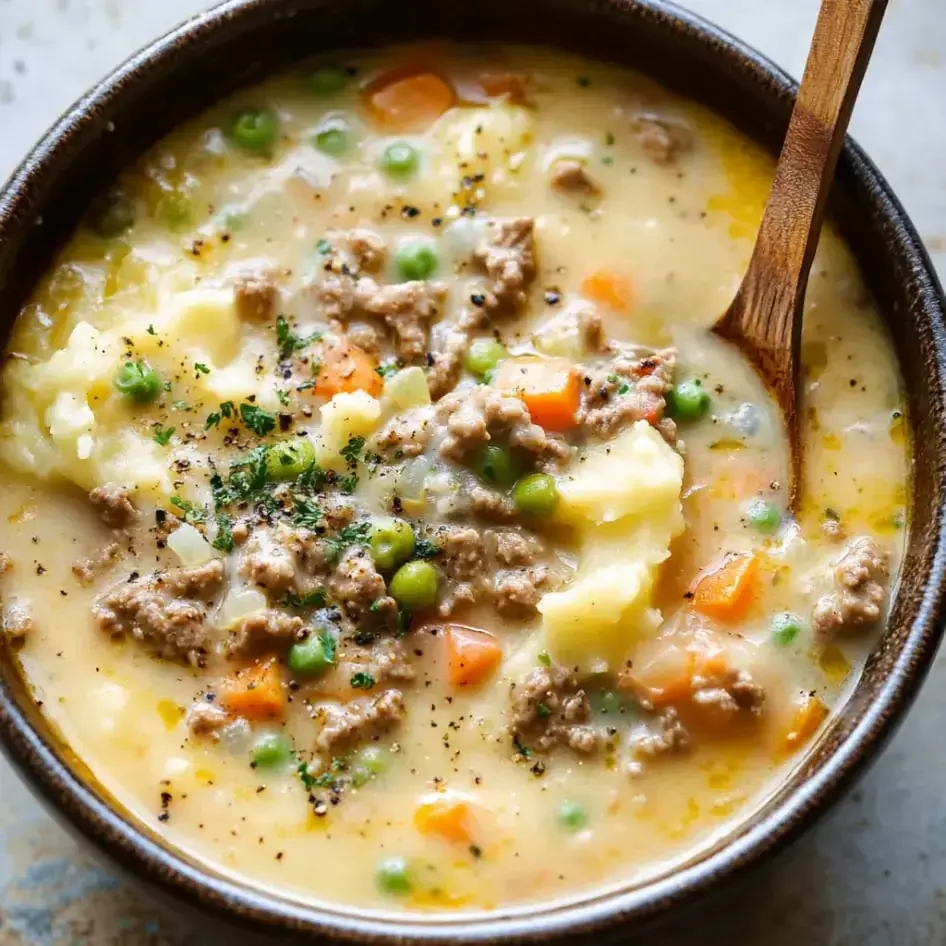 A steaming bowl filled with creamy beef and vegetable stew, topped with fresh herbs, and a wooden spoon alongside.