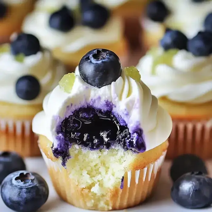 Fluffy cupcake oozing with blueberries, topped with a swirl of whipped cream and a berry, showing a bite so you see the vibrant purple inside.